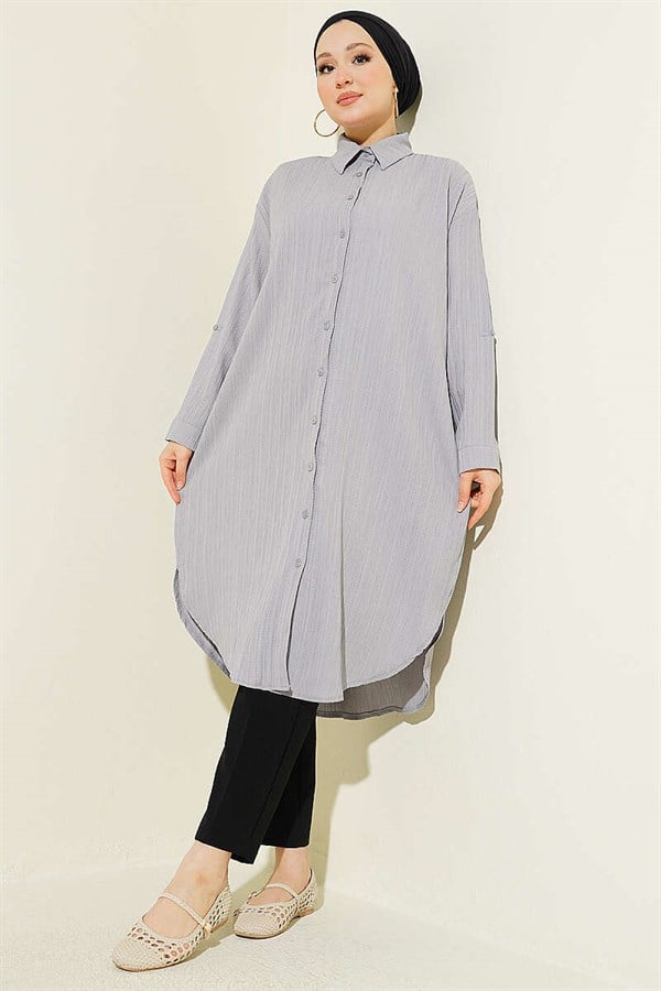 Long Loose-fitting Tree Bark Shirt with Pockets, Grey