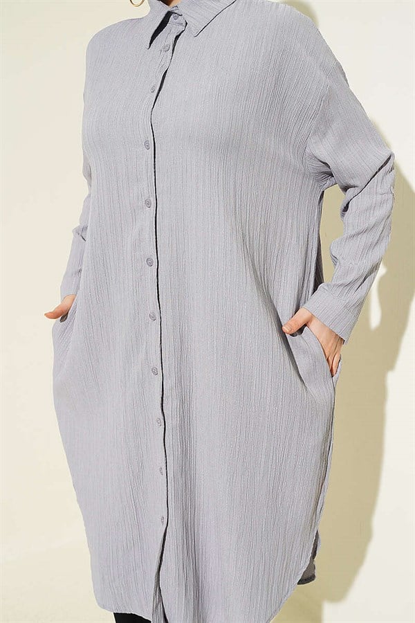 Long Loose-fitting Tree Bark Shirt with Pockets, Grey