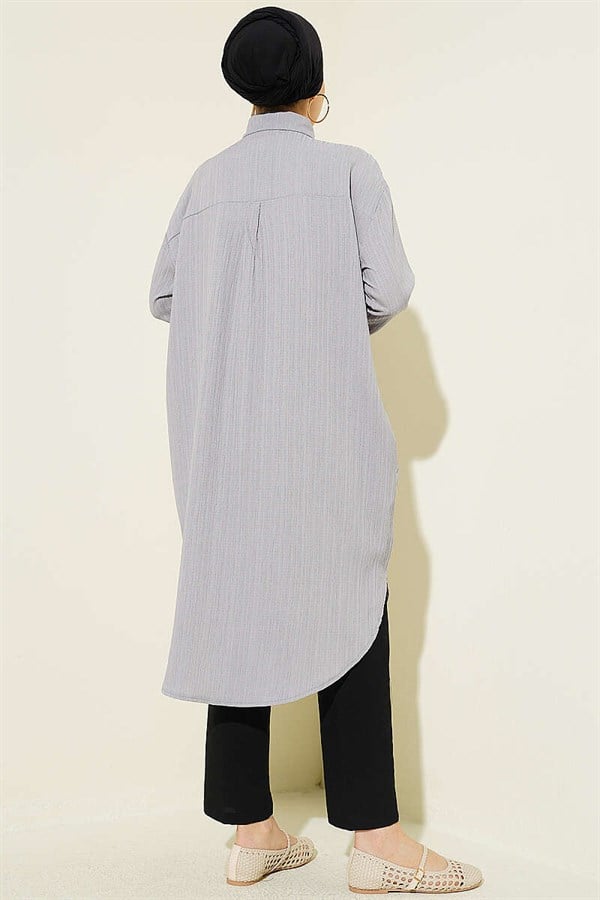 Long Loose-fitting Tree Bark Shirt with Pockets, Grey