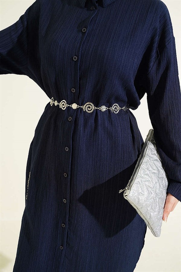 Long Loose-fitting Shirt with Pockets and Tree Bark Pattern, Navy Blue