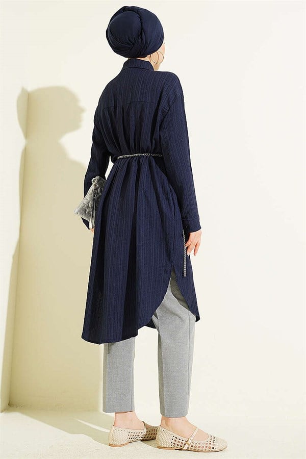 Long Loose-fitting Shirt with Pockets and Tree Bark Pattern, Navy Blue