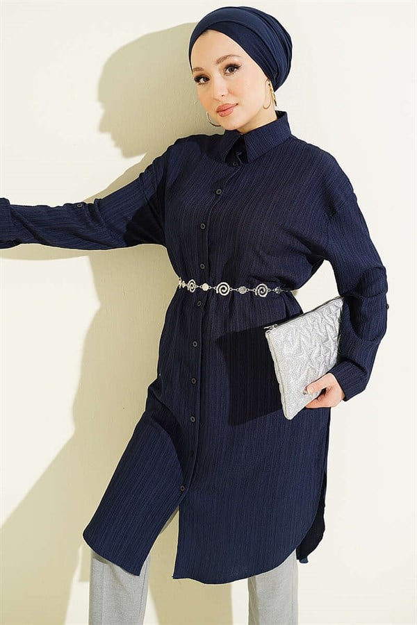 Long Loose-fitting Shirt with Pockets and Tree Bark Pattern, Navy Blue