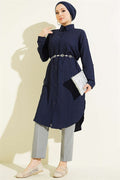 Long Loose-fitting Shirt with Pockets and Tree Bark Pattern, Navy Blue