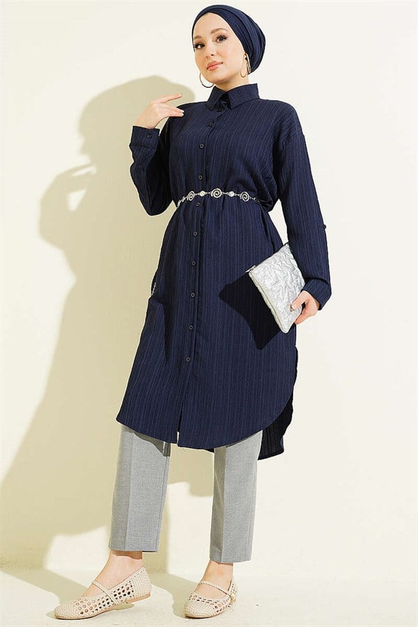 Long Loose-fitting Shirt with Pockets and Tree Bark Pattern, Navy Blue