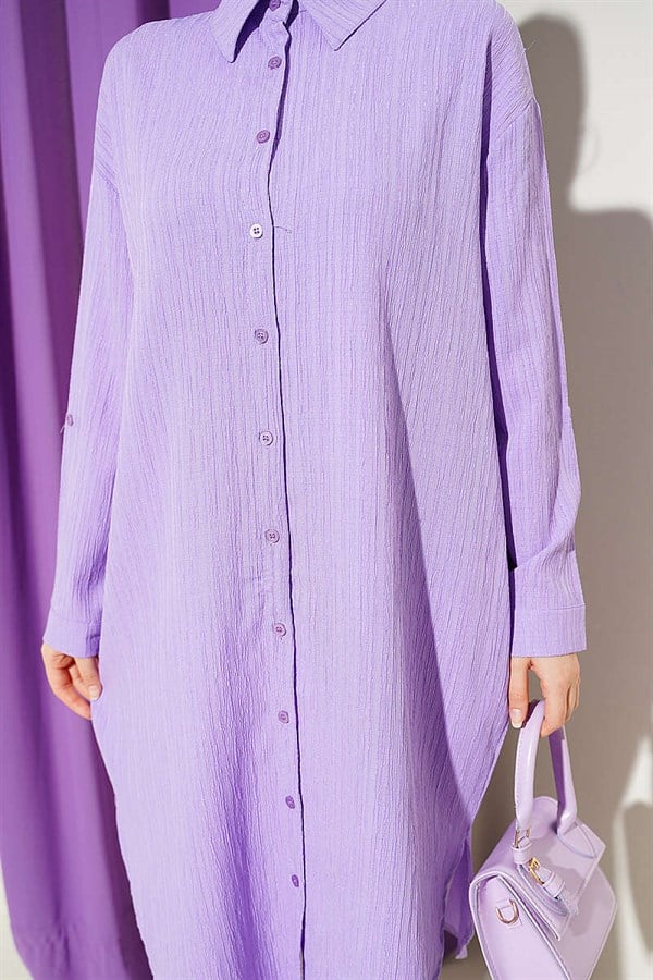 Long Loose-fitting Tree Bark Shirt with Pockets, Lilac