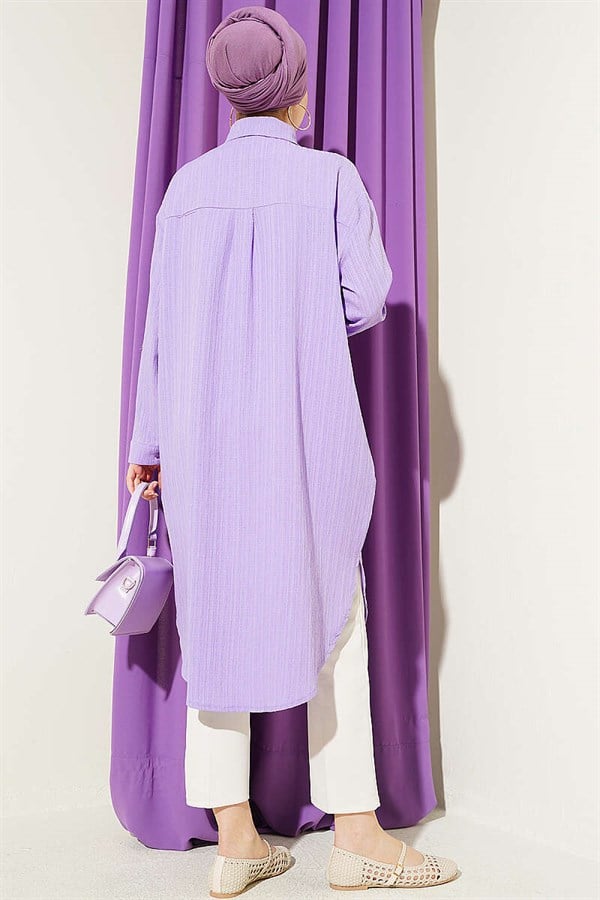Long Loose-fitting Tree Bark Shirt with Pockets, Lilac