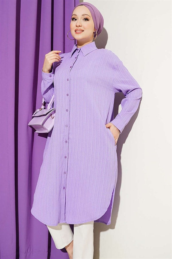 Long Loose-fitting Tree Bark Shirt with Pockets, Lilac