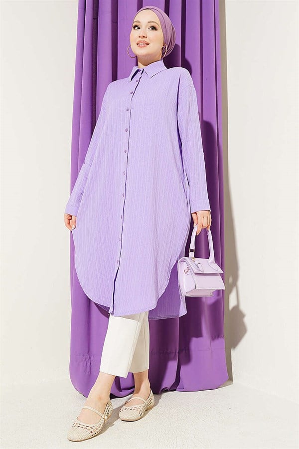 Long Loose-fitting Tree Bark Shirt with Pockets, Lilac