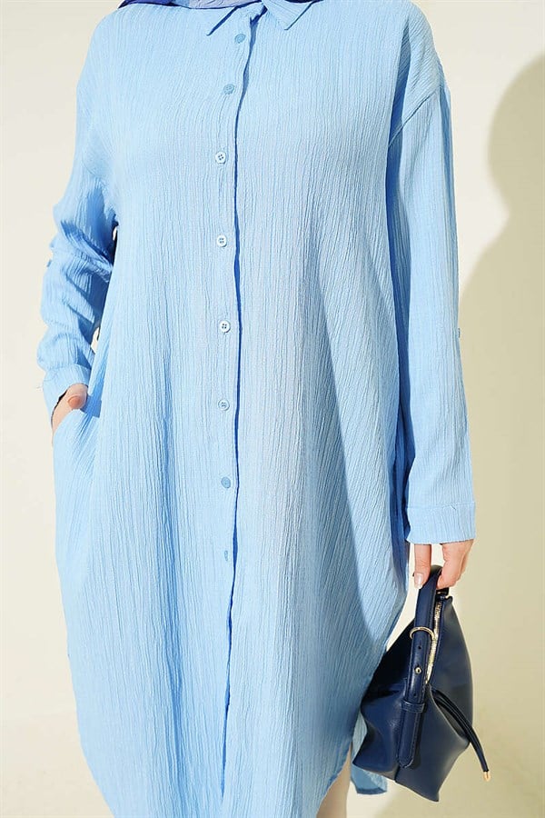 Long Loose-fitting Tree Bark Shirt with Pockets, Blue