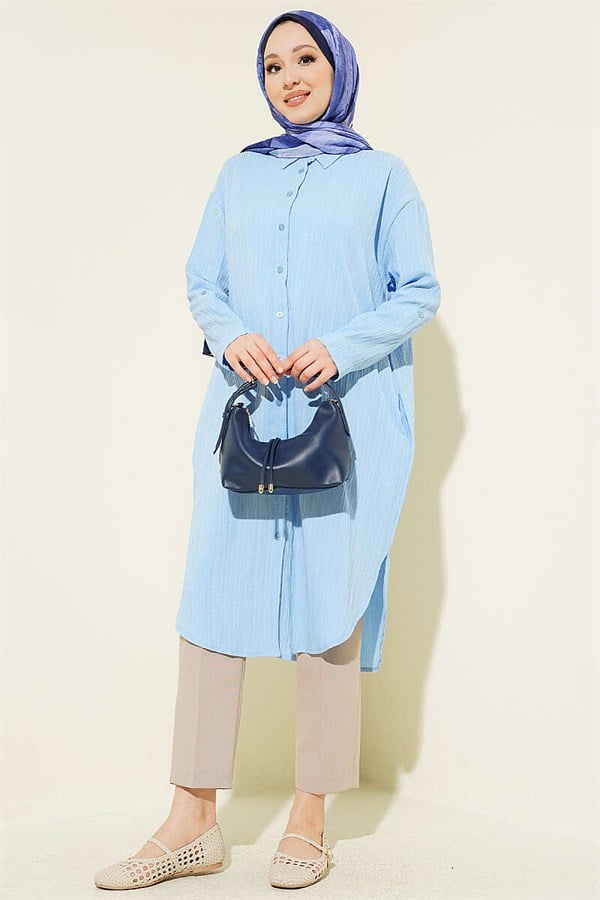 Long Loose-fitting Tree Bark Shirt with Pockets, Blue