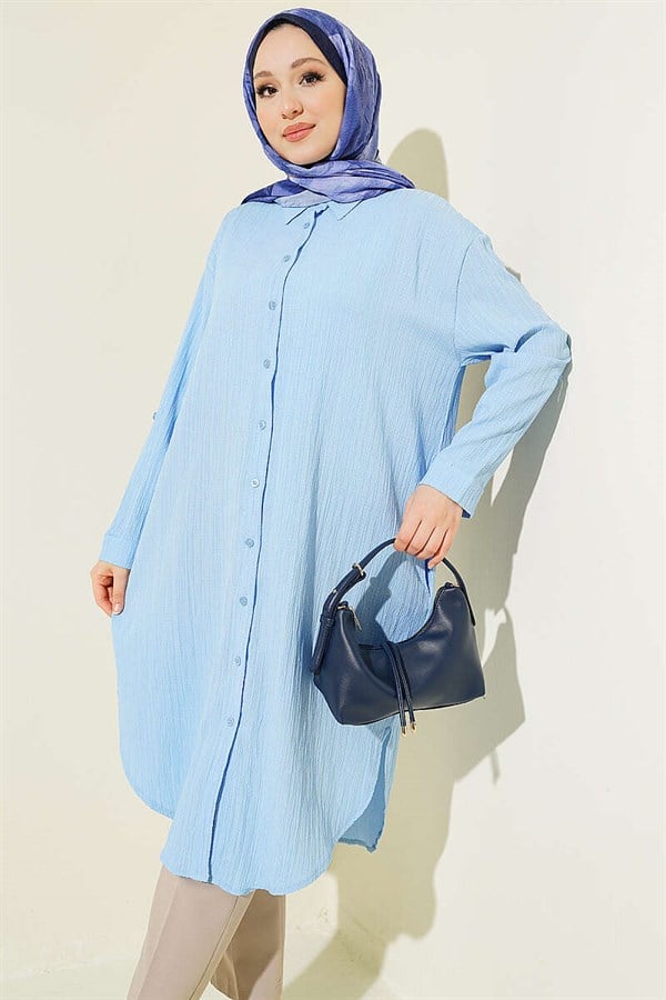 Long Loose-fitting Tree Bark Shirt with Pockets, Blue
