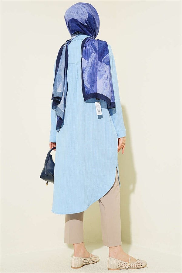 Long Loose-fitting Tree Bark Shirt with Pockets, Blue