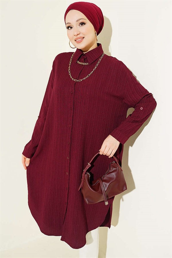 Long Loose-Fitting Shirt with Pockets and Tree Bark Pattern, Plum