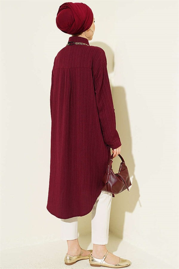 Long Loose-Fitting Shirt with Pockets and Tree Bark Pattern, Plum