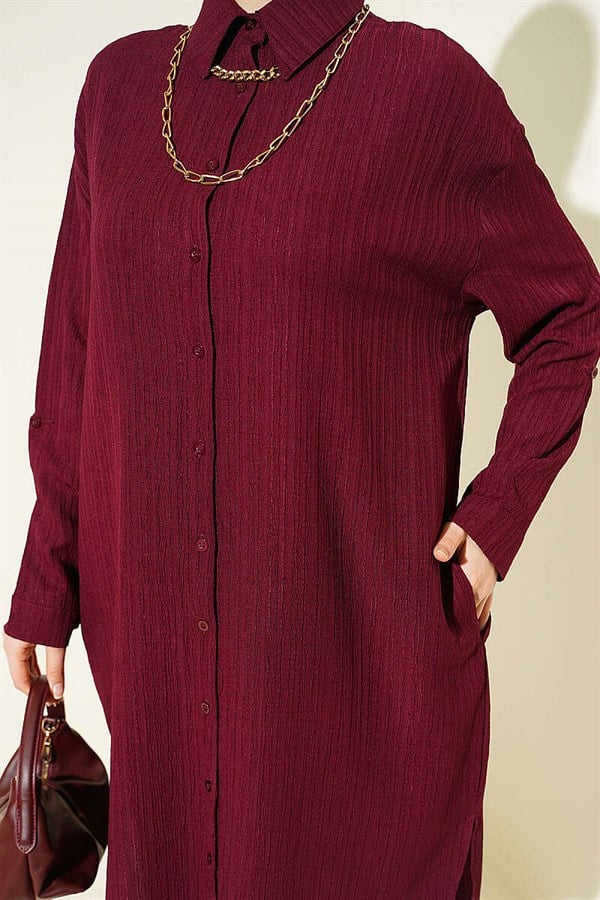 Long Loose-Fitting Shirt with Pockets and Tree Bark Pattern, Plum