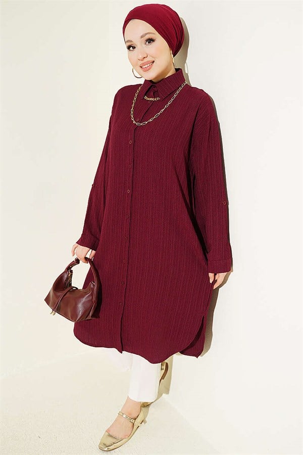 Long Loose-Fitting Shirt with Pockets and Tree Bark Pattern, Plum