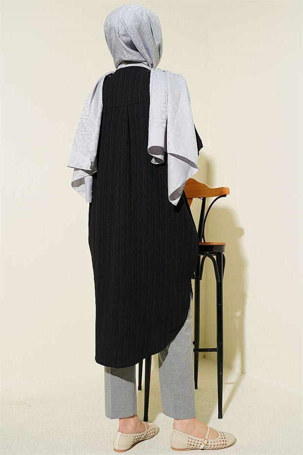 Long Loose-fitting Tree Bark Shirt with Pockets, Black