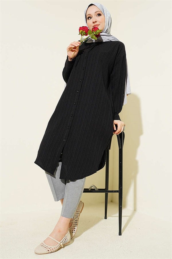Long Loose-fitting Tree Bark Shirt with Pockets, Black