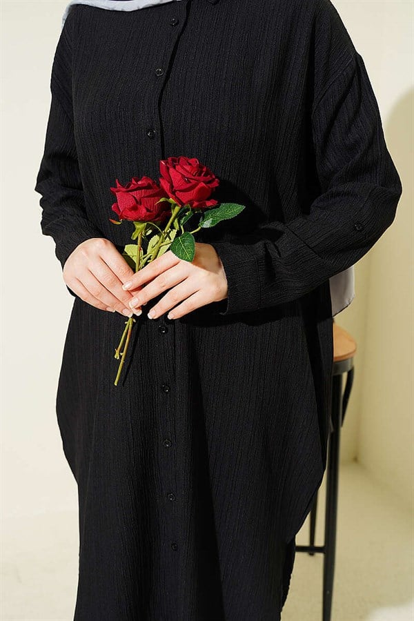 Long Loose-fitting Tree Bark Shirt with Pockets, Black