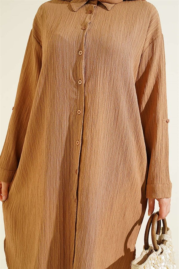Long Loose-Fitting Shirt with Pockets and Tree Bark Pattern, Mink