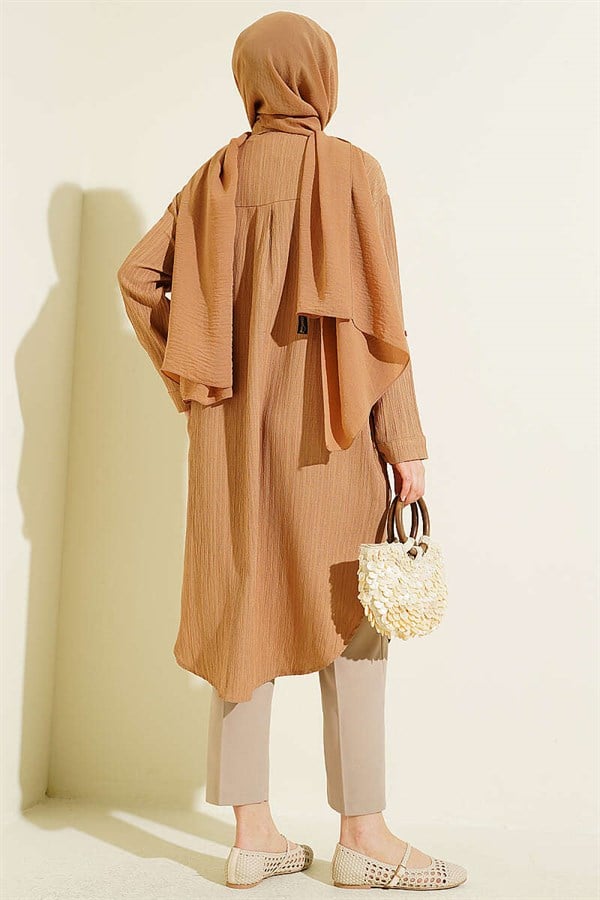 Long Loose-Fitting Shirt with Pockets and Tree Bark Pattern, Mink