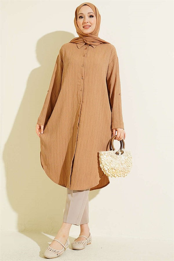 Long Loose-Fitting Shirt with Pockets and Tree Bark Pattern, Mink