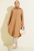 Long Loose-Fitting Shirt with Pockets and Tree Bark Pattern, Mink