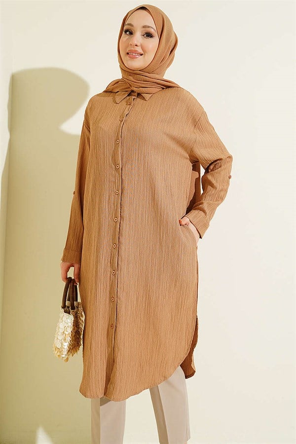 Long Loose-Fitting Shirt with Pockets and Tree Bark Pattern, Mink