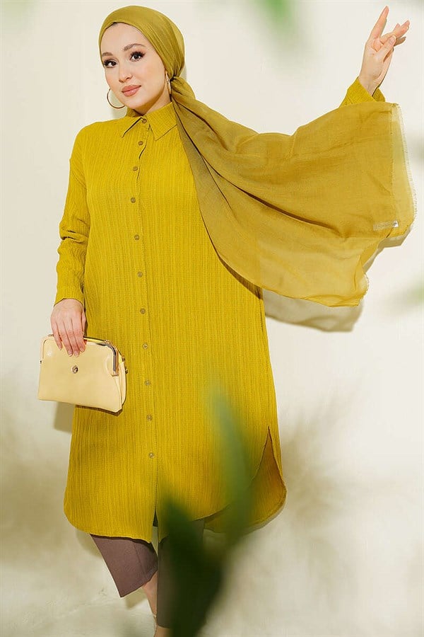 Long Loose-Fitting Shirt with Pockets and Tree Bark Pattern, Olive Green