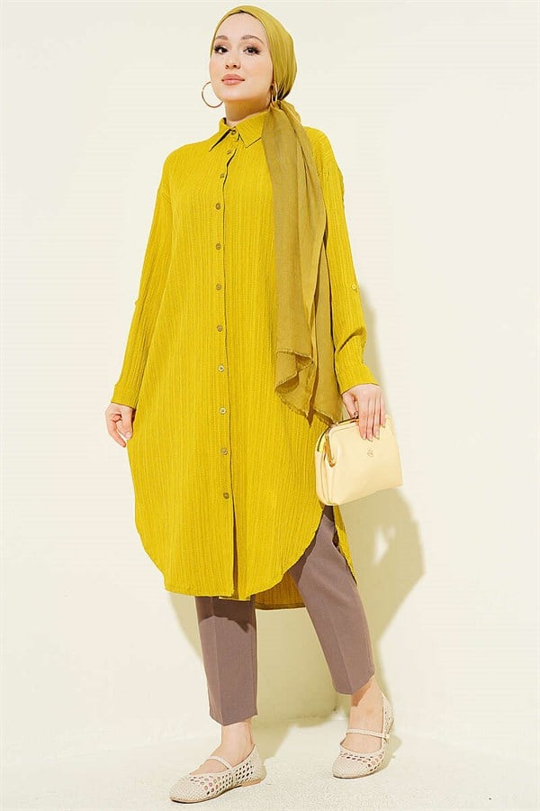 Long Loose-Fitting Shirt with Pockets and Tree Bark Pattern, Olive Green