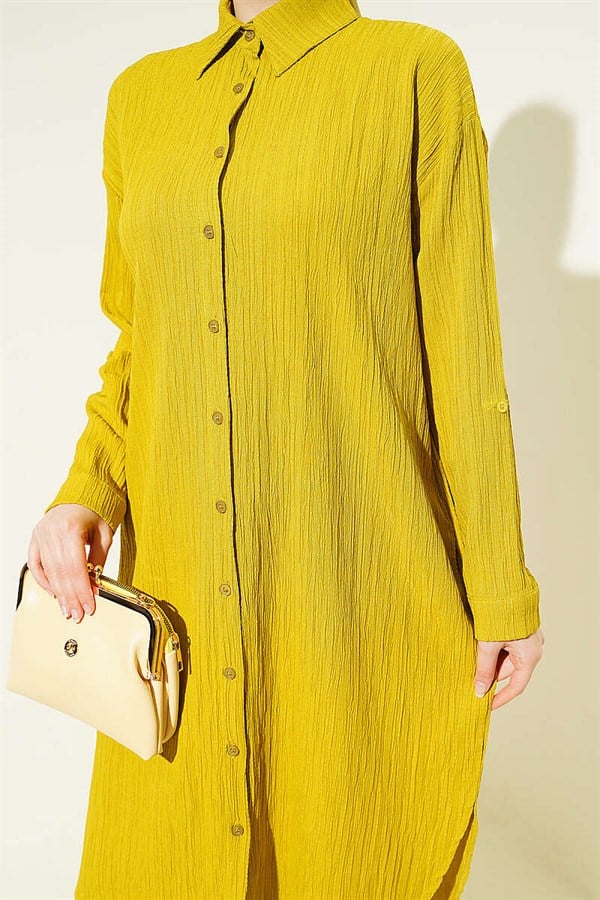 Long Loose-Fitting Shirt with Pockets and Tree Bark Pattern, Olive Green