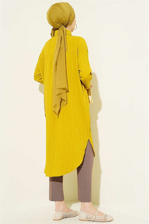 Long Loose-Fitting Shirt with Pockets and Tree Bark Pattern, Olive Green