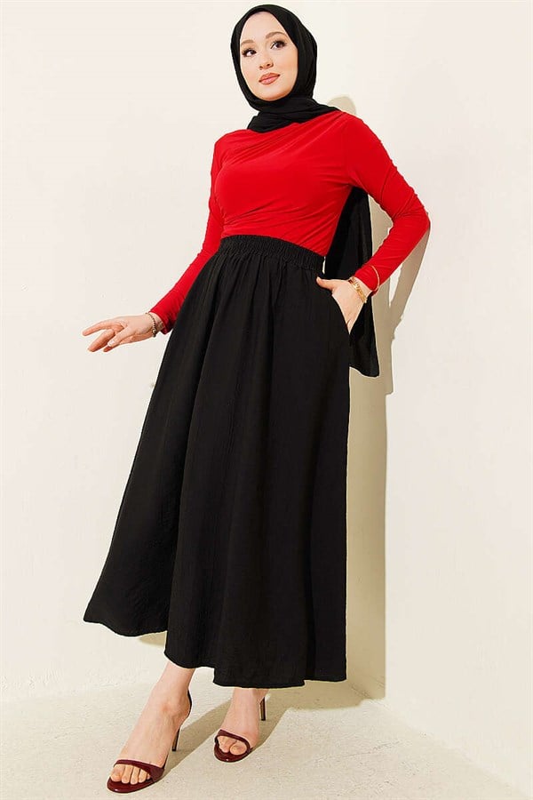 Basic Skirt with Pockets and Elastic Waist, Black