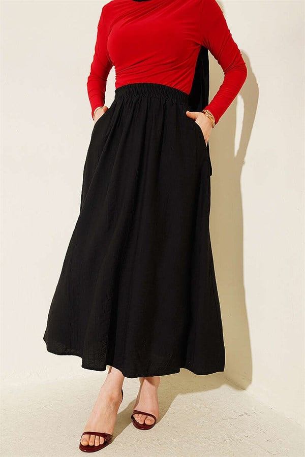 Basic Skirt with Pockets and Elastic Waist, Black