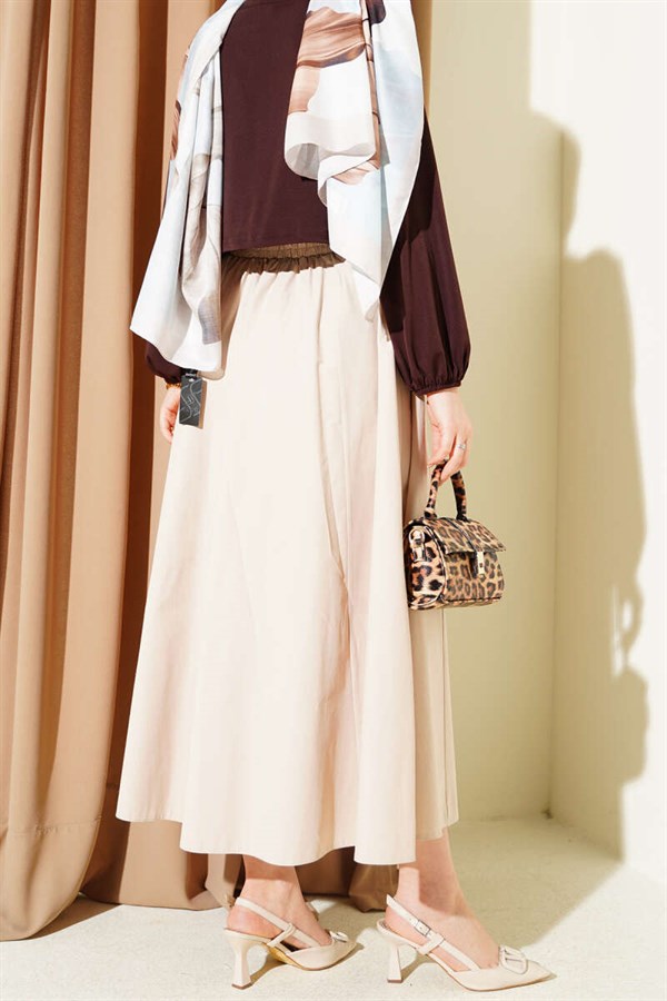 Beige Straight Skirt with Pockets and Elastic Waist