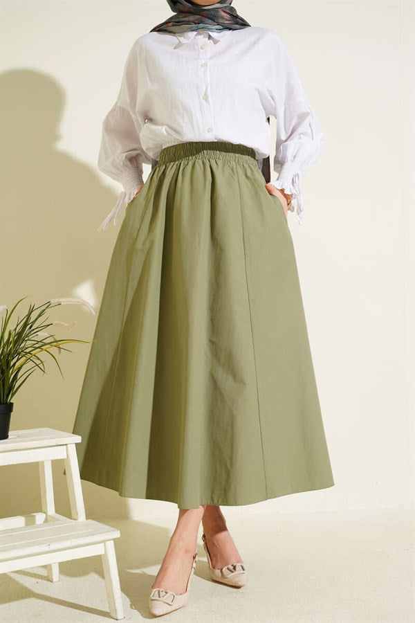 Pocketed, Elasticated Waist, Straight Skirt, Sage Green