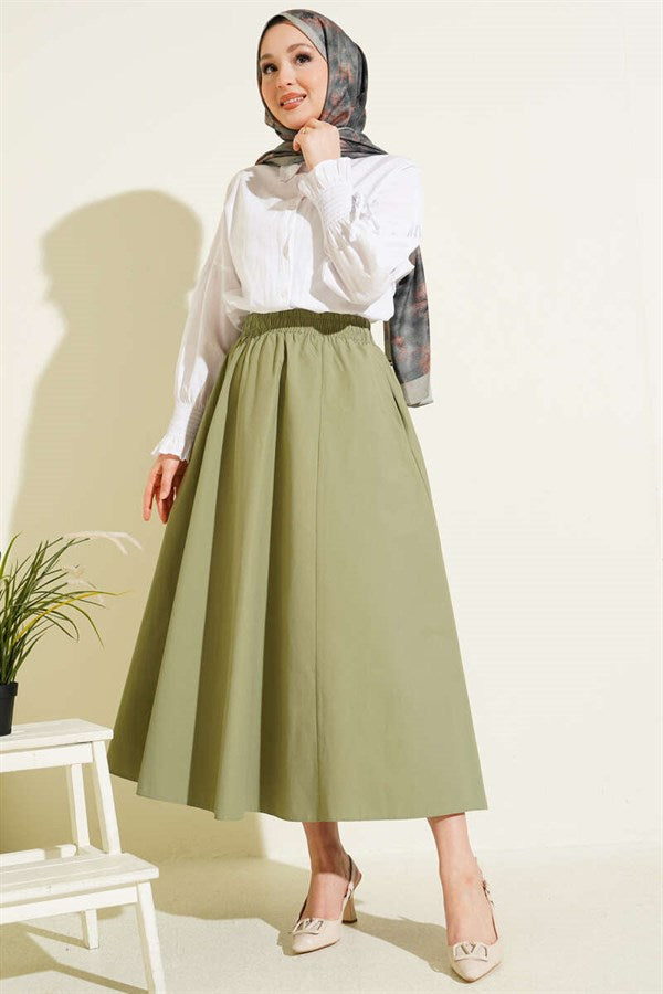 Pocketed, Elasticated Waist, Straight Skirt, Sage Green