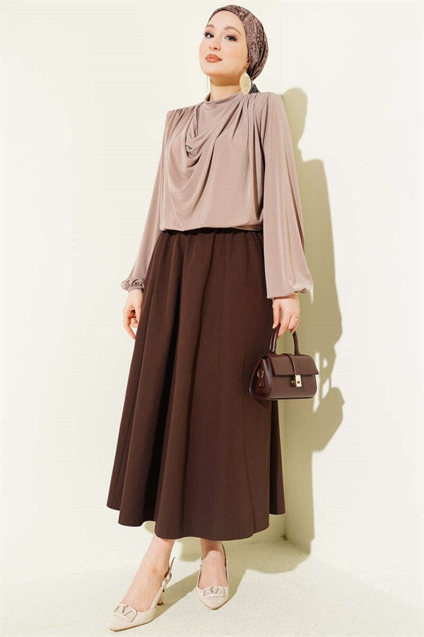 Pocketed, Elasticated Waist Straight Skirt, Brown