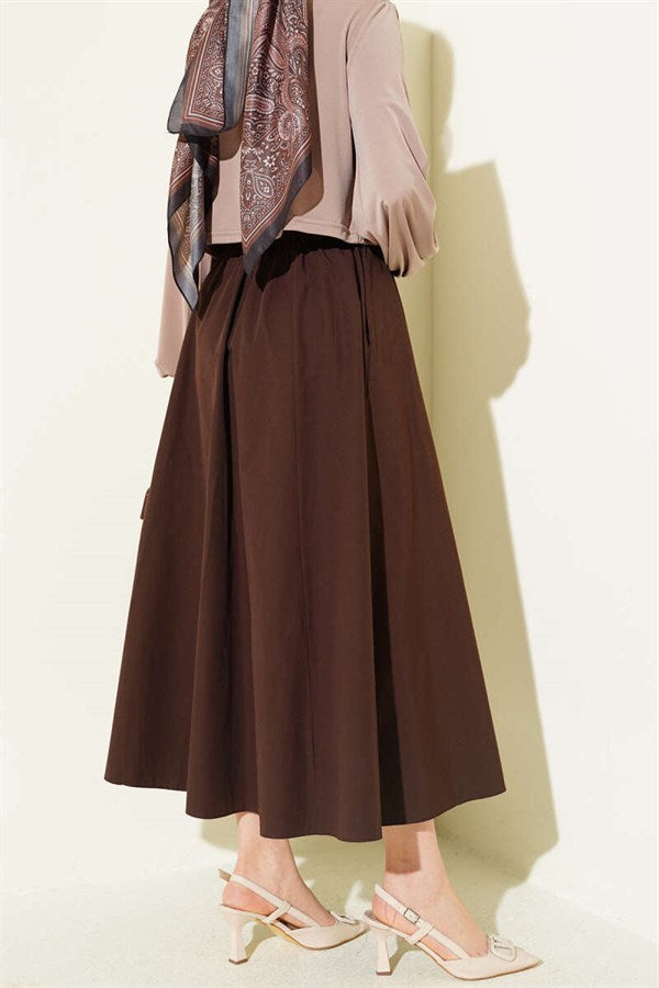 Pocketed, Elasticated Waist Straight Skirt, Brown