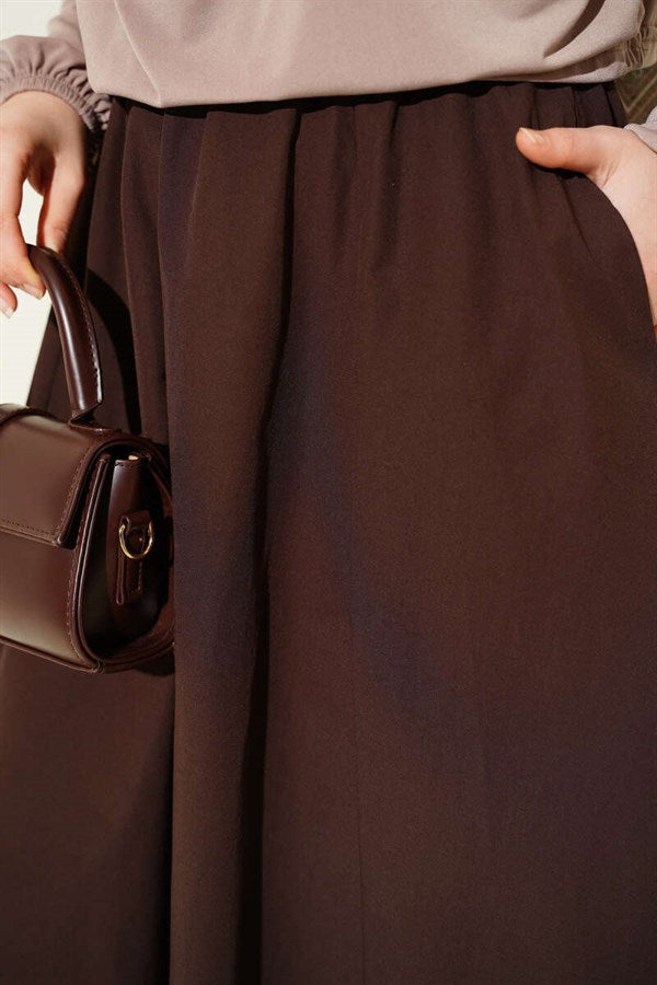 Pocketed, Elasticated Waist Straight Skirt, Brown