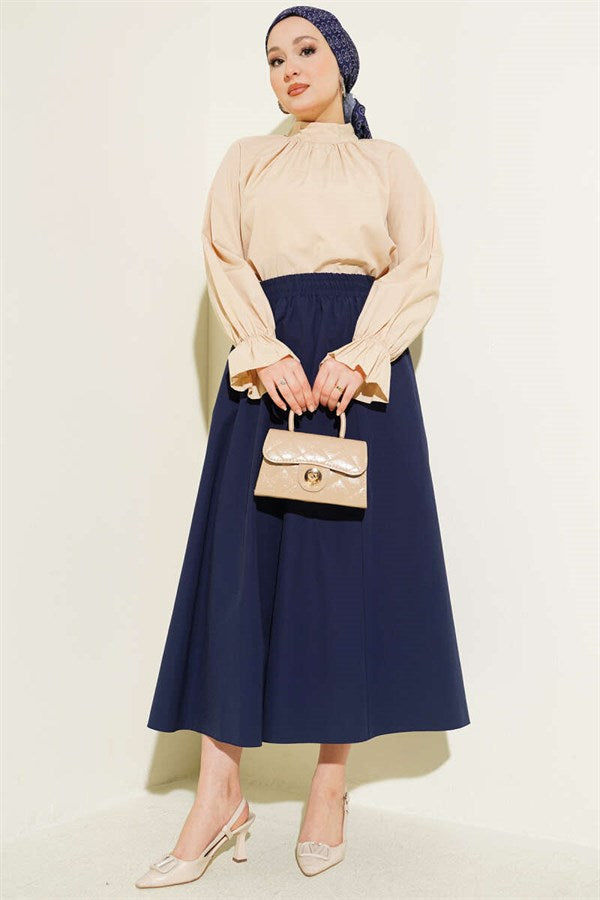 Navy Blue Straight Skirt with Pockets and Elastic Waistband