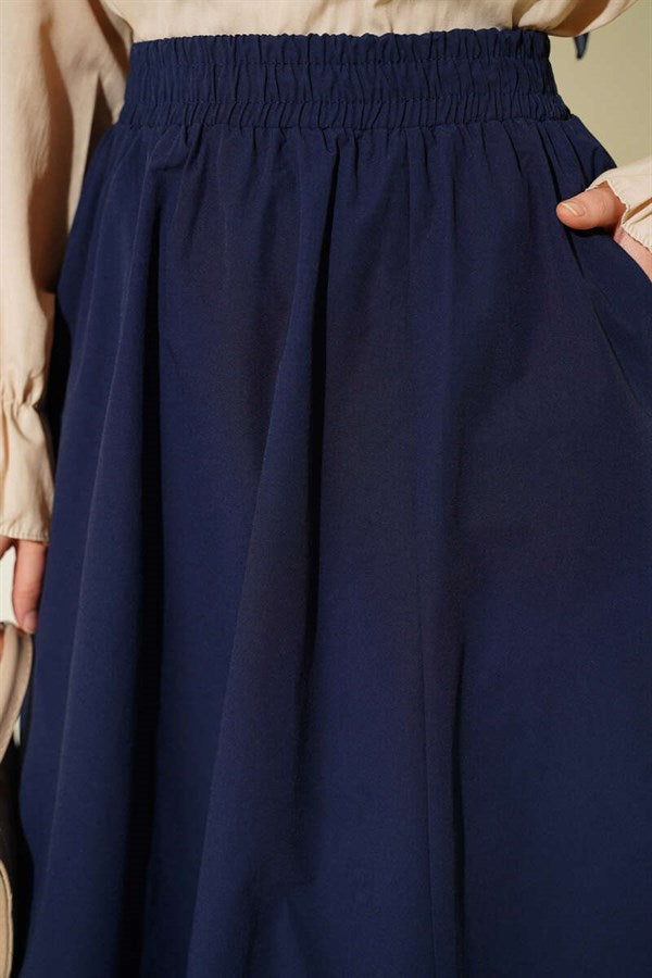 Navy Blue Straight Skirt with Pockets and Elastic Waistband