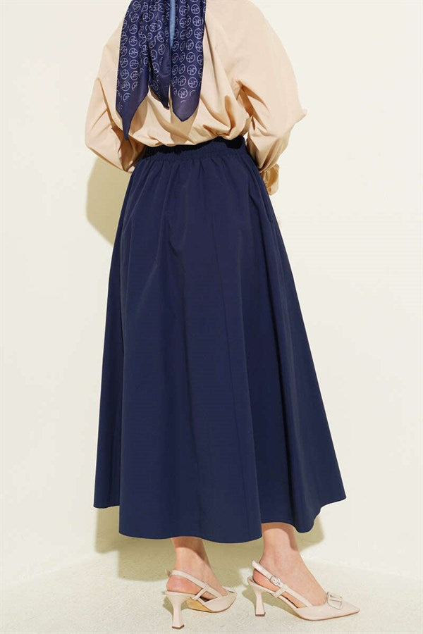 Navy Blue Straight Skirt with Pockets and Elastic Waistband