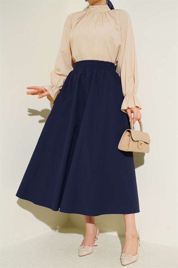 Navy Blue Straight Skirt with Pockets and Elastic Waistband