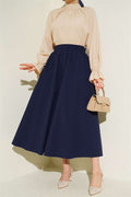 Navy Blue Straight Skirt with Pockets and Elastic Waistband