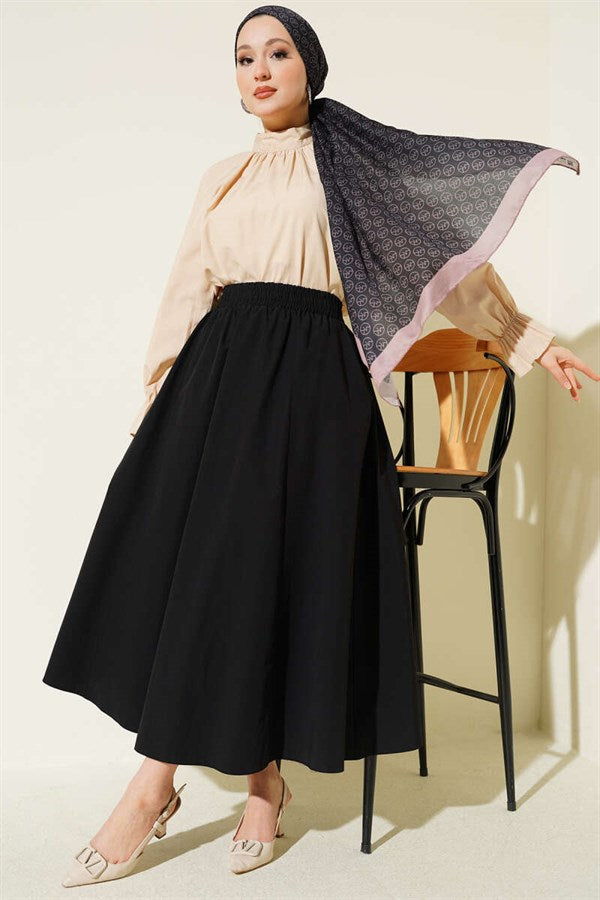 Black Straight Skirt with Pockets and Elastic Waist