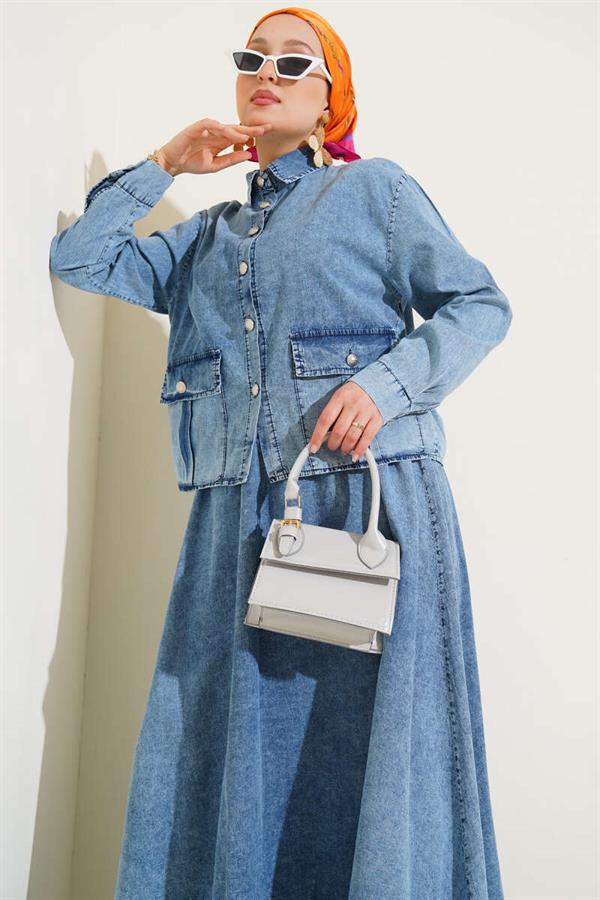 Pocket Buttoned Skirt Denim 2 Piece Set Light Blue