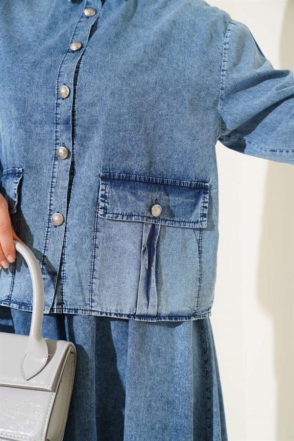 Pocket Buttoned Skirt Denim 2 Piece Set Light Blue
