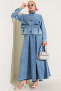 Pocket Buttoned Skirt Denim 2 Piece Set Light Blue