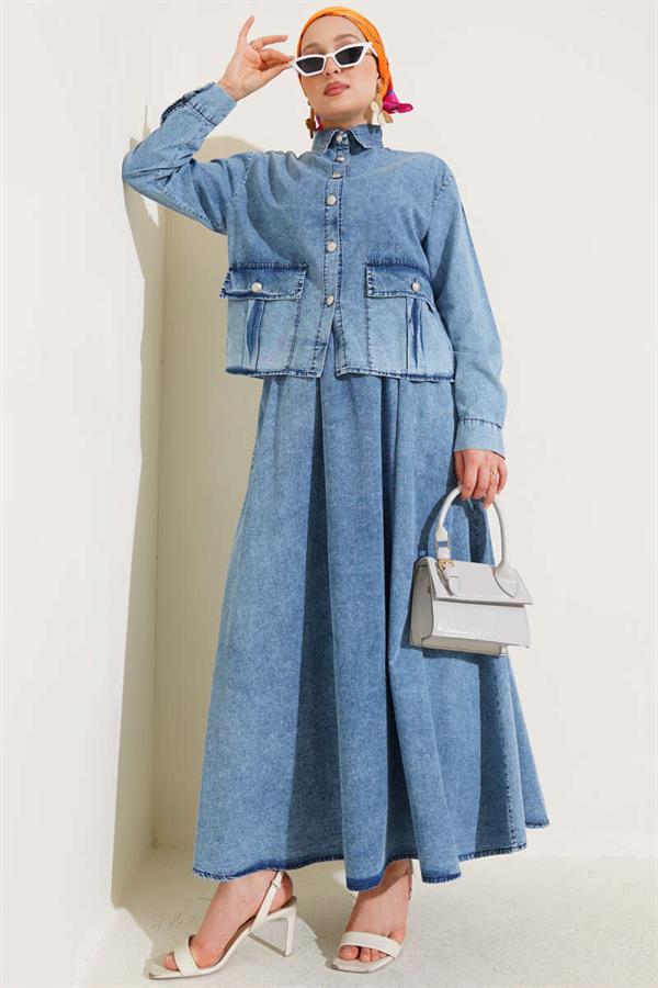 Pocket Buttoned Skirt Denim 2 Piece Set Light Blue
